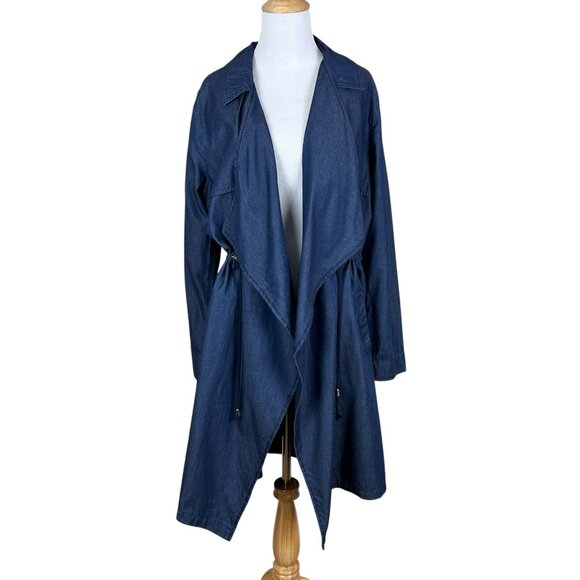 1 Sunset Lane Jacket Womens Large Blue Chambray Duster Draped Open Front Cinched - Picture 1 of 16